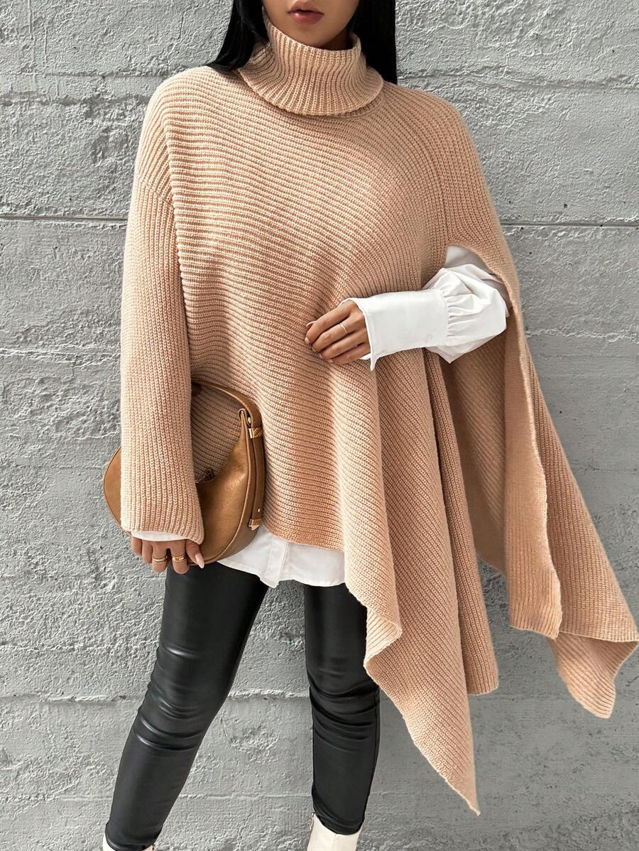 SHEIN Essnce Dames Winter Capuchon Poncho Split Knit Trui, Lange Mouw Warme Hoge Hals Dames Pullover - Abrikoos - Bekijken 1
