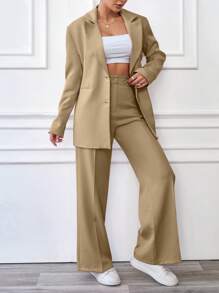 SHEIN Cottnline Solid Color Oversize Suit Set - Jacket & Pants - Mocha Brown - View 4