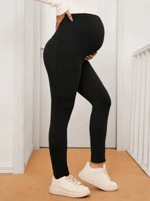 SHEIN Maternity Solid Color Adjustable Waist Pockets Casual Leggings - Black - View 4