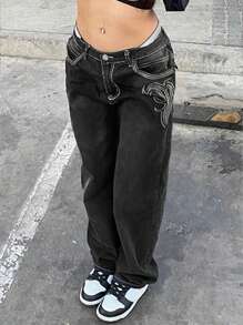 女士修身刺绣黑色直筒裤 休闲春季款 - 黑色 - 查看 7