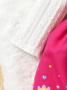 女婴可爱恐龙印花背心裙针织提花套装，春/秋 - 玫紅色 - 查看 4