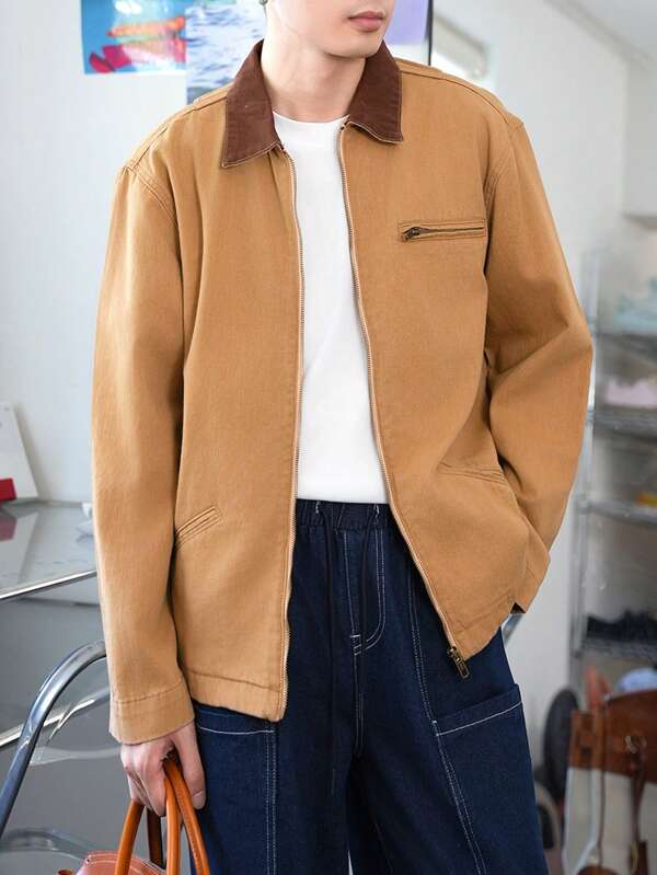 Manfinity Homme Retro American Casual Men's Khaki Denim Loose Fit Bomber Jacket
