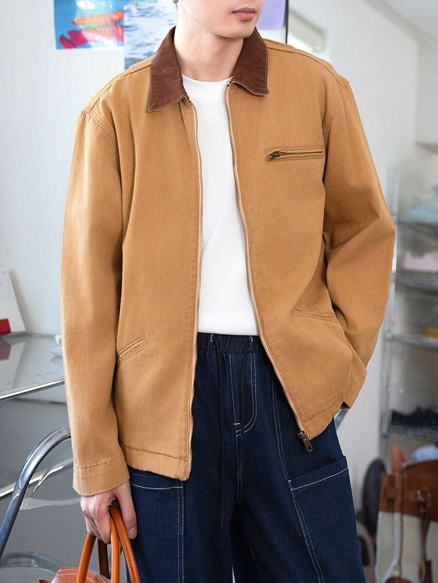 Manfinity Homme 复古美式休闲男士卡其色牛仔宽松飞行员夹克 - 卡其色 - 查看 1