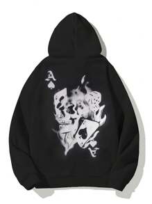 Manfinity ZONE917 Áo hoodie trễ vai cỡ lớn in hình thẻ và đầu lâu cho nam, thời trang thu đông, tay dài - màu đen - Xem 2