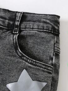 Tween Girls Star Print Ripped Elastic Flare Jeans, Spring Autumn - Black - View 4