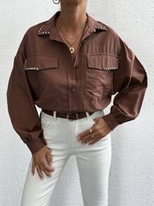 EURMUSE Women's Rhinestone Detail Drop Shoulder Blouse - Beige - View 4