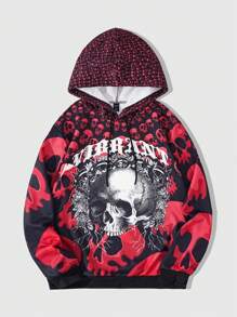 ROMWE MEN Street Life Men's Fashion Skull Printed Drawstring Hoodie Sweatshirt, Spring Autumn