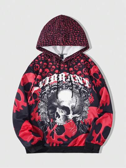 Street Life Men's Fashion Skull Printed Drawstring Hoodie Sweatshirt, Spring Autumn