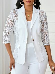 SHEIN Lady 四季白色西装女西装外套女大衣蕾丝拼接优雅秋冬套装 - 白色 - 查看 7