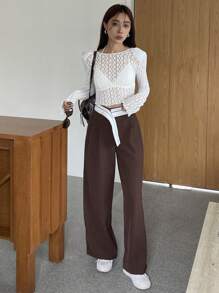 DAZY Women Wide Leg Pants With Contrasting Waistband And Pockets - Brown - View 6