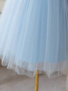 SHEIN Glamorique Kids Young Girl Blue Sleeveless Pearls & Bow Tie Mesh Party Dress, Suitable For Summer Wedding/Birthday Events/Performances
