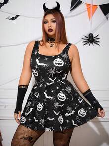 SHEIN EZwear Mono de Halloween con estampado de murciélagos y calabazas para mujer talla grande, con bolsillo para teléfono, disfraz de Halloween, color negro - Blanco y Negro - Ver 6