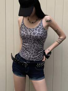 DAZY Áo hai dây cổ chữ V ôm sát có dây đeo có thể điều chỉnh dành cho nữ, họa tiết da báo - Màu Xám nhạt - Xem 4