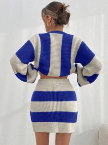EURMUSE Women Striped Knit Design Oversize Sweater And Knit Skirt Set - Blue - View 3