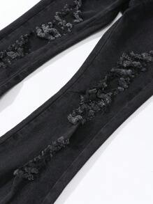 SHEIN Tween Girls Diagonal Waistline Ripped Distressed Flared Black Denim Jeans - Black - View 6