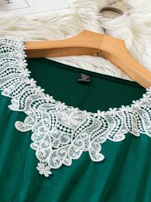 SHEIN Clasi Plus Size Women Round Neck Long Sleeve Contrast Lace Casual T-Shirt For Spring And Summer Fall Cloth For Women - Dark Green - View 4