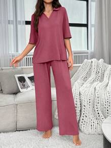 EasyFave Women's Solid Color Loose V-Neck Pajama Set Outfit - Pink - View 6