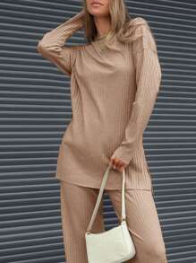 2pcs Women's Round Neck Long Sleeve Solid Minimalist Blouse And Straight Leg Casual Pants Set - Brown - View 4
