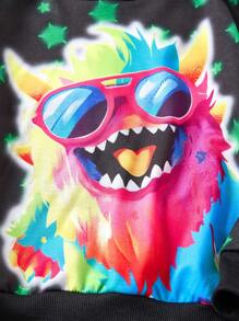 SHEIN 2 peças Conjunto de Moletom com Capuz e Estampa de Monstro com Tingimento a Frio e Calça Esportiva Casual para Meninos Jovens, Adequado para Uso ao Ar Livre, Casual, Escolar, Viagens e Diversas Atividades Esportivas, Outono/Inverno - Preto - Visão 6