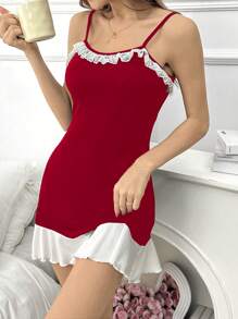 SHEIN 女士无袖荷叶边拼色睡裙，节日季 - 紅白色 - 查看 6