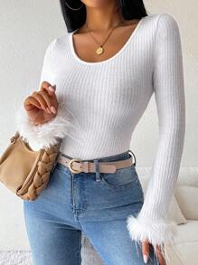 Calvaya 1pc Casual Round Neck Fuzzy Cuff Bodysuit, Spring Autumn