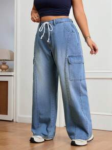 SHEIN EZwear Plus Size Vrouwen Trekkoord Taille Cargo Zak Wijde Pijpen Relaxed Casual Baggy Jeans