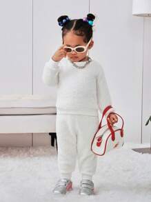 SHEIN Mommy And Me Cozy Fleece Basic Pullover Crew Neck Long Sleeve Set, White, Casual Warm Matching Mother Daughter Outfits, Autumn/Winter - White - View 5