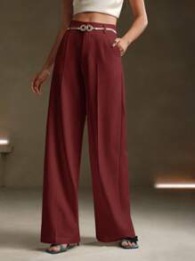 Anewsta Quần Palazzo thiết kế túi kim loại màu trơn - Màu Đỏ Sâu - Xem 1