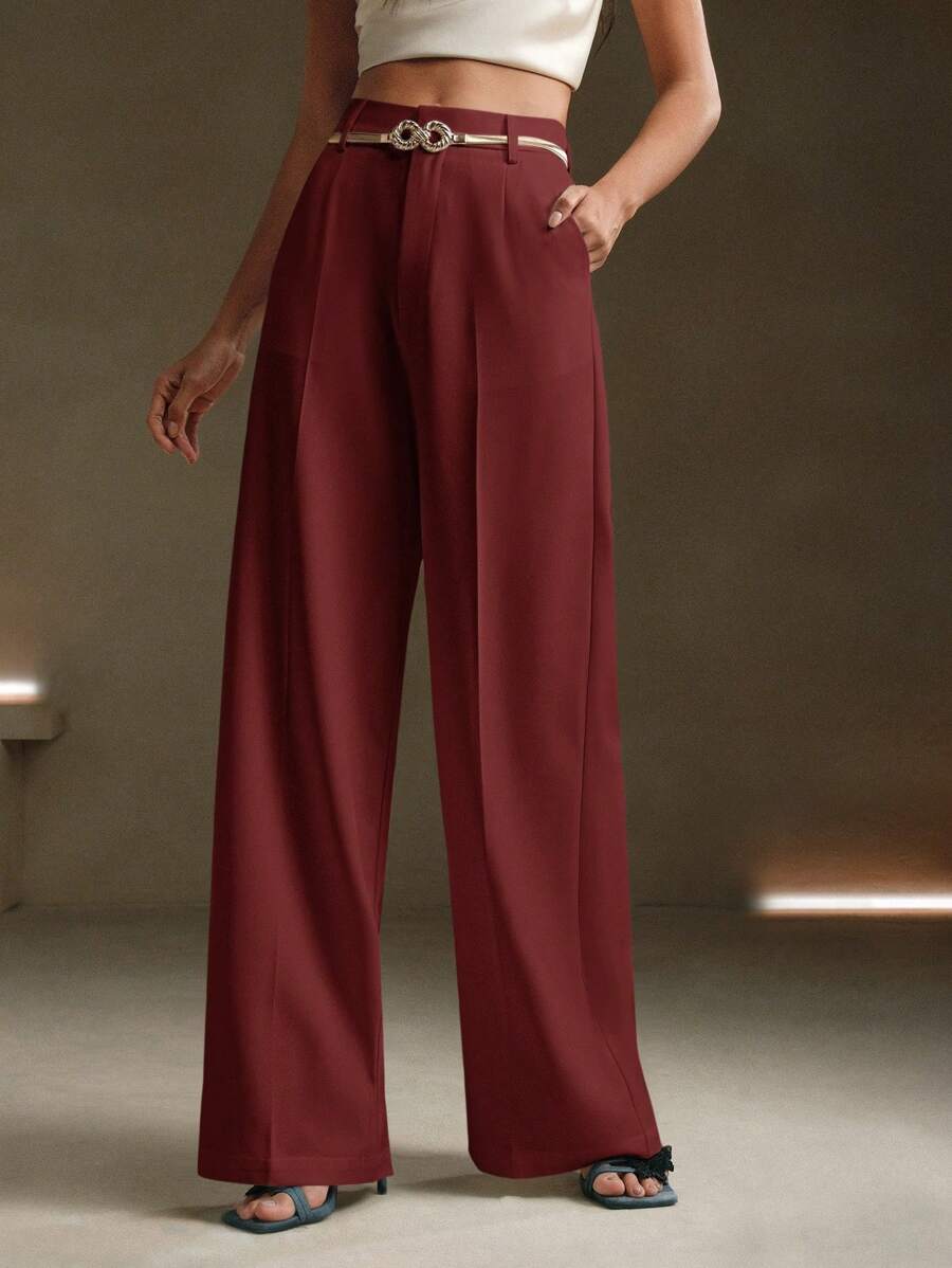 Anewsta Quần Palazzo thiết kế túi kim loại màu trơn - Màu Đỏ Sâu - Xem 1