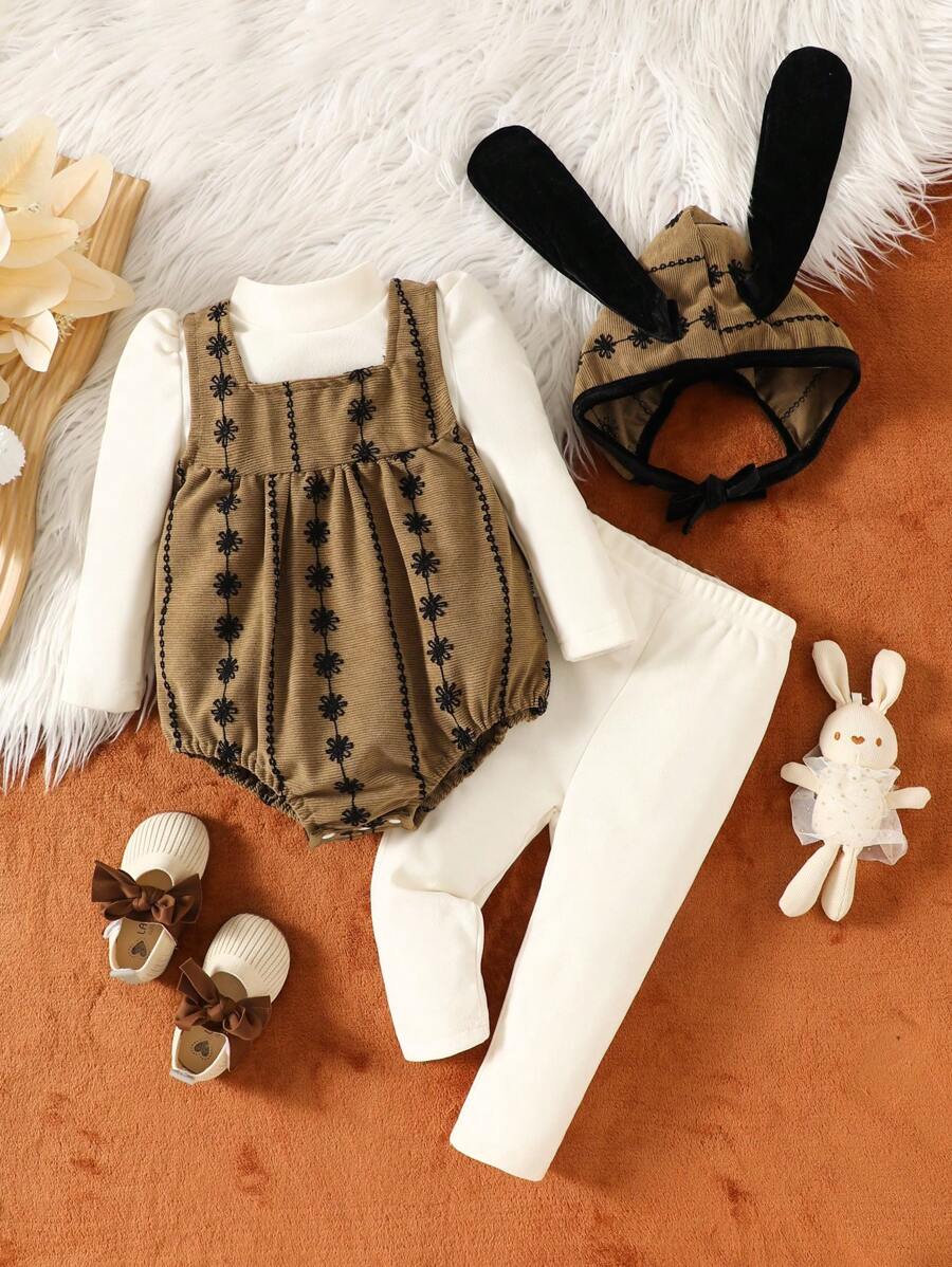 4 pièces Body à manches longues brodé confortable et élégant pour bébés filles avec pantalon long, ensemble Top à manches longues et chapeau, tenue de maison - Multicolore - Voir 1