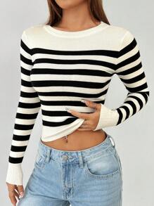 SHEIN PETITE Striped Pattern Ribbed Knit Sweater In Fall/Winter - Black and White - View 5