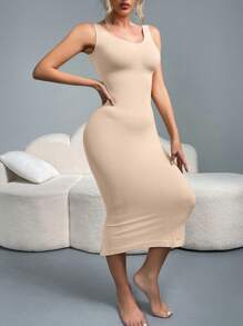 Women Solid Color Crew Neck Long Fitted Bodycon Dress, Sleeveless
