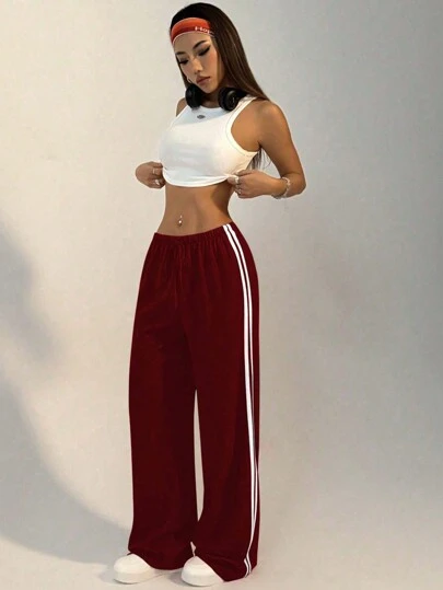 FavEase 女式宽松抽绳直筒裤，带侧条纹