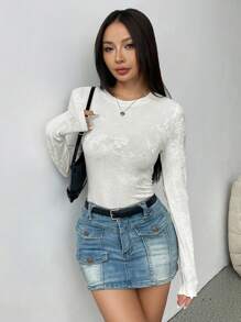 SHEIN X  Ignacia Antonia SHEIN Unity Áo thun ôm dáng cổ tròn tay dài họa tiết hoa dành cho nữ, mùa xuân và mùa hè - trắng - Xem 6