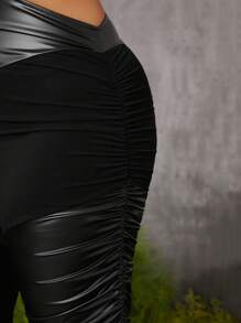 evoluSHEIN X Anitta GAUTII Designer Plus Size Women High Waist Hollow Out Ruched Slim Fit Leggings, Holiday, Thanksgiving, Festival - Black - View 3