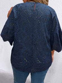 SHEIN Unity Plus Size Women Open Lace Round Neck Flare Sleeve Casual Loose Top, Everyday Wear - Navy Blue - View 2