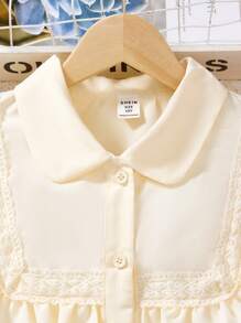 SHEIN Áo sơ mi dài tay cổ Peter Pan, bèo nhún, cài nút, kiểu dáng thường ngày, thời trang dành cho bé gái tuổi teen. - Màu be - Xem 3