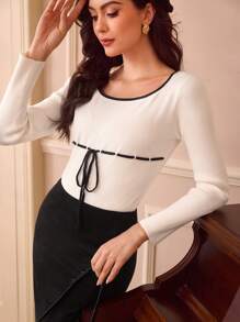 Vintamour Vintage Elegant Women's Sweater, Autumn/Winter, Slim Fit Contrast Trim Long Sleeve Beige Thanksgiving Fall Winter Sweater - Black and White - View 5