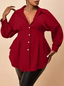 Maweii 大码女式纯色单排扣长袖优雅衬衫，春夏新年衣服女式衬衫 - 紅色 - 查看 3