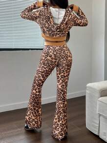SHEIN Unity 2 件套女士春秋拉链豹纹连帽夹克和喇叭裤（随机剪裁） - 彩色 - 查看 2