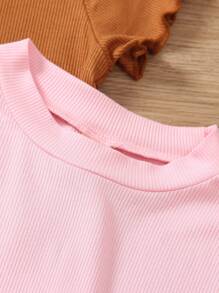 SHEIN Elladie kids 4件套女童圆领荷叶边短袖休闲T恤，夏季假日 - 彩色 - 查看 4