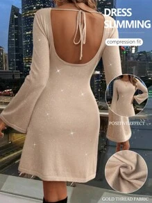 Chiquease Women Solid Color Backless Long Sleeve Sweater Dress