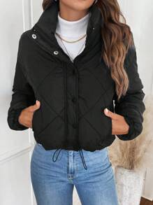 SHEIN LUNE Grid-Pattern Quilted Women Padded Coat With Stand Collar, Drawstring Hem And Metal Button Zipper Closure - Black - View 4