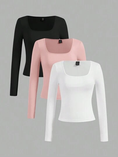 SHEIN EZwear 3st Set Slim Fit Långärmade Dam T-shirts Lämpliga för sommar och höstsäsong
