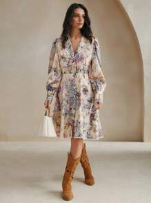 Anewsta Women's V-Neck Long Sleeve All-Over Retro Floral Print Lantern Sleeve Dress - Purple - View 3