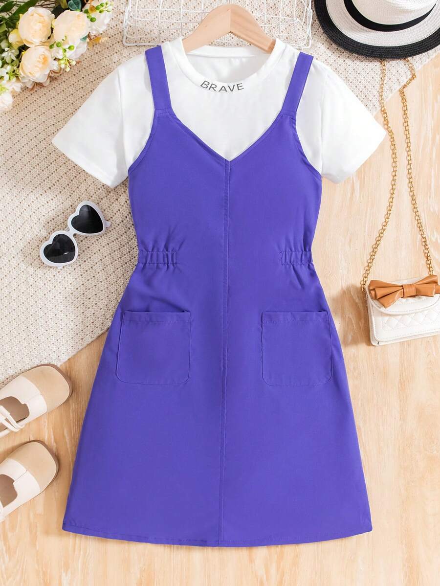 SHEIN 青少年女孩 2 件/套：字母印花圆领短袖 T 恤和纯色口袋连衣裤，夏季休闲装 - 白色 - 查看 1