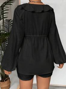 SHEIN EZwear Women's Spring & Summer Solid Color Lantern Sleeve Linen Loose Babydoll Shirt - Black - View 2