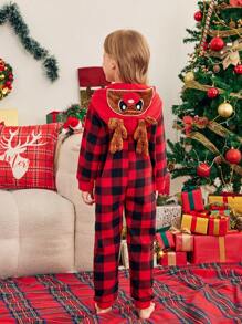 SHEIN Conjunto de pijama de Navidad para niñas, ropa de dormir a juego para fiesta navideña familiar, mono con estampado a cuadros, tela suave y cálida, decoraciones navideñas de otoño e invierno - Rojo - Ver 9
