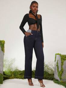 evoluSHEIN X Anitta The Perfect Party 设计师女士夏季纯色长袖扭纹前短款系带衬衫，节日、感恩节、节日