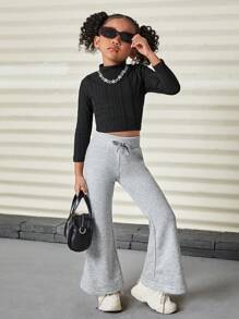 SHEIN Young Girl Solid High Waist Flare Leg Sweatpants For Summer / Fall Outdoor Activities,Casual & Daily Wear & School Daily Flared Sweatpantsflare Sweatpantsflare Sweat Pantswide Leg Sweatpants